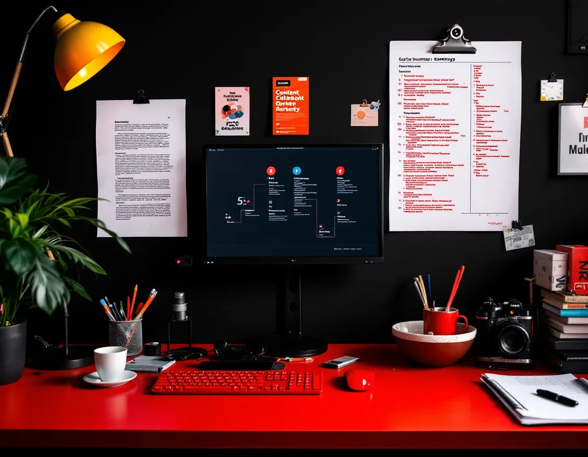 An editor's desk in the Framingham studio with a marked-up draft and a rankings chart