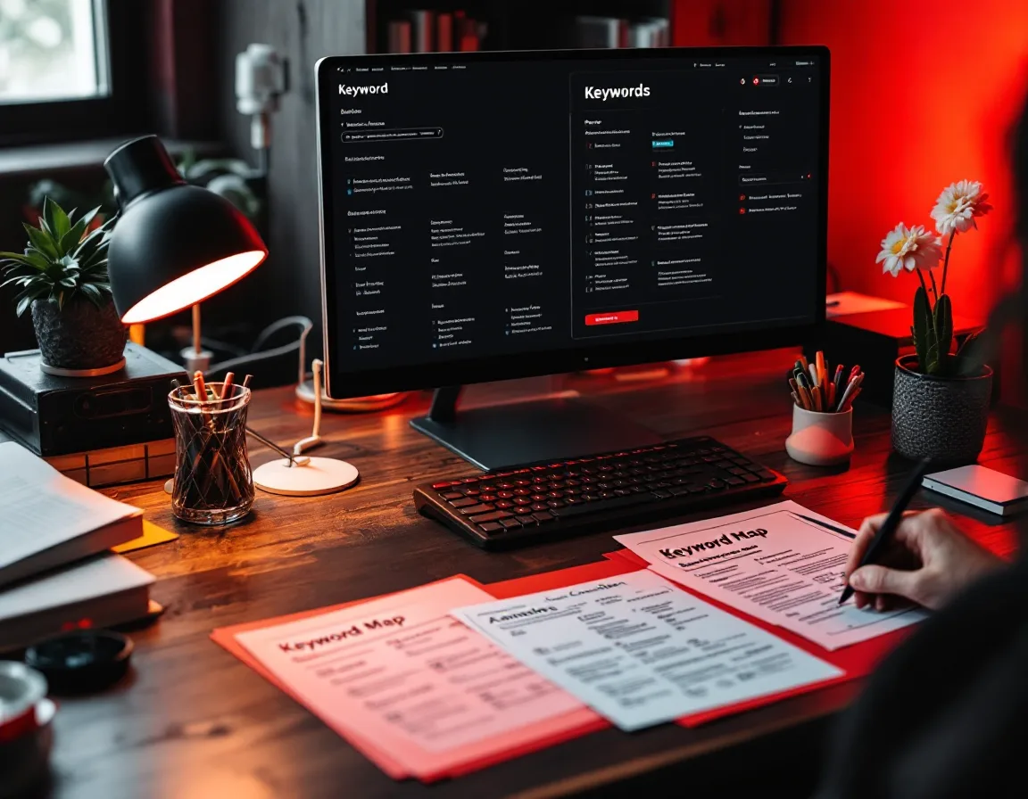 An editor's desk with a keyword map and marked-up article drafts