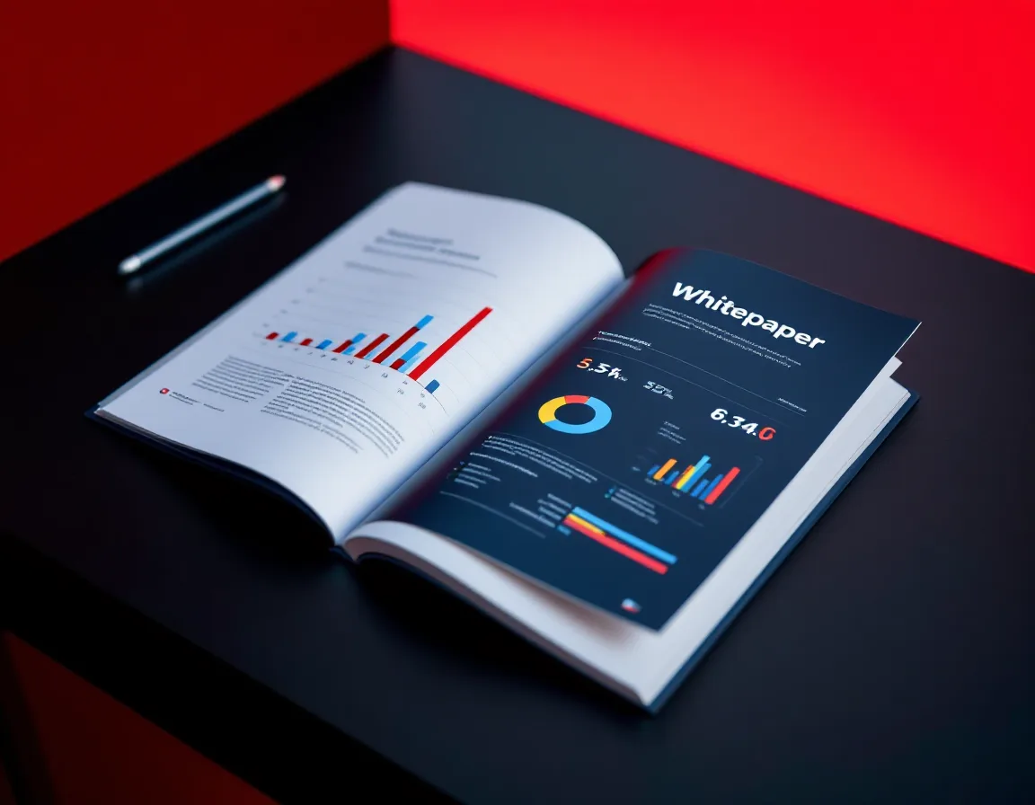 A printed whitepaper open to a data chart on a dark desk